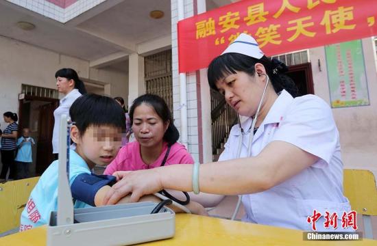 资料图：5月10日，在广西柳州市融安县特殊教育学校，一名医护人员在为学生量血压。 谭凯兴 摄