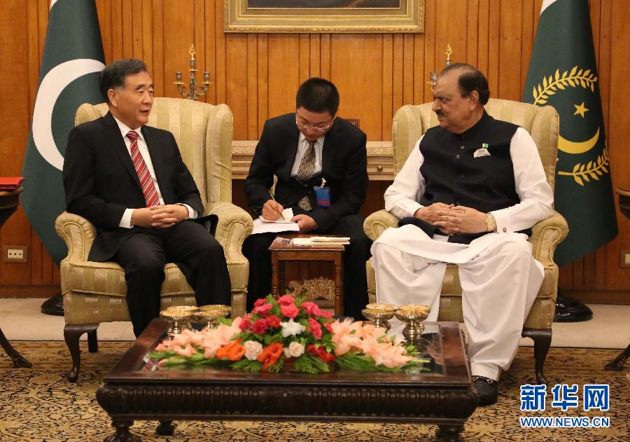 8月14日，巴基斯坦总统侯赛因（右）在伊斯兰堡会见国务院副总理汪洋（左）。 新华社记者刘天摄