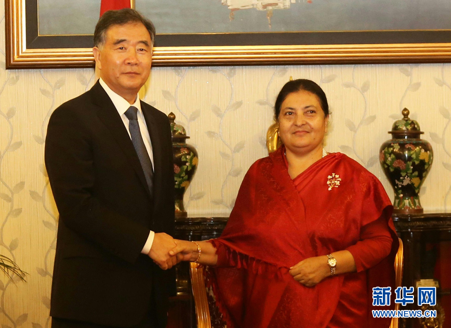 8月16日，尼泊尔总统班达里（右）在加德满都会见到访的中国国务院副总理汪洋。 新华社发（苏尼尔·夏尔马摄）