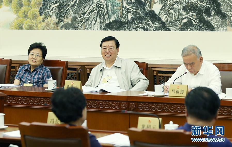 8月28日，十二届全国人大常委会第二十九次会议在北京举行分组会议，审议核安全法草案、中小企业促进法修订草案、国歌法草案等。张德江委员长参加审议。新华社记者 姚大伟 摄