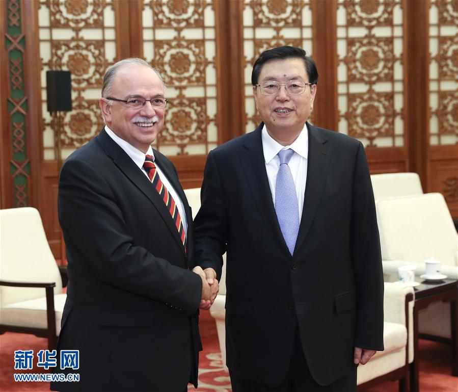 12月18日，全国人大常委会委员长张德江在北京人民大会堂会见欧洲议会副议长帕帕迪莫里斯。新华社记者 庞兴雷 摄