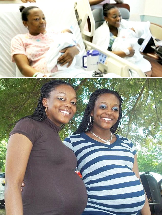 美国一双胞胎姐妹先后怀孕同日产子 2012年7月，美国南卡罗来纳州20岁的已婚双胞胎姐妹米切尔和夏奇拉怀特意外同日分娩，安全产子。据悉，这对双胞胎姐妹在3周时间里先后得到了自己怀孕的消息。预产期前两天，米切尔来到该州哥伦比亚的医院，希望分娩时可以得到姐姐的支持和鼓励。意外的是，到达医院的当天，米切尔顺利分娩，产下了一名男婴。一小时后，预产期约为8月16日的夏奇拉怀特也意外分娩，生下一对双胞胎男婴。