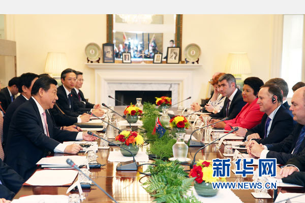 11月20日，中国国家主席习近平在惠灵顿同新西兰总理约翰·基举行会谈。 新华社记者 马占成 摄