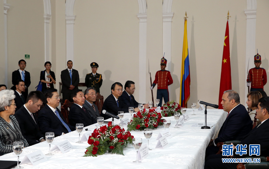11月24日，正在哥伦比亚进行正式友好访问的全国人大常委会委员长张德江在波哥大与哥伦比亚国会主席兼参议长纳梅举行会谈。 新华社记者鞠鹏 摄