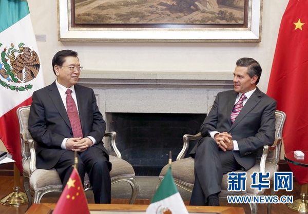 11月26日，正在墨西哥进行正式友好访问的全国人大常委会委员长张德江在墨西哥城会见墨西哥总统培尼亚。 新华社记者鞠鹏摄