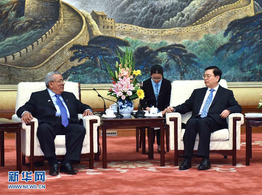 5月28日，全国人大常委会委员长张德江在北京人民大会堂会见约旦参议长拉瓦比德。 新华社记者 李涛 摄