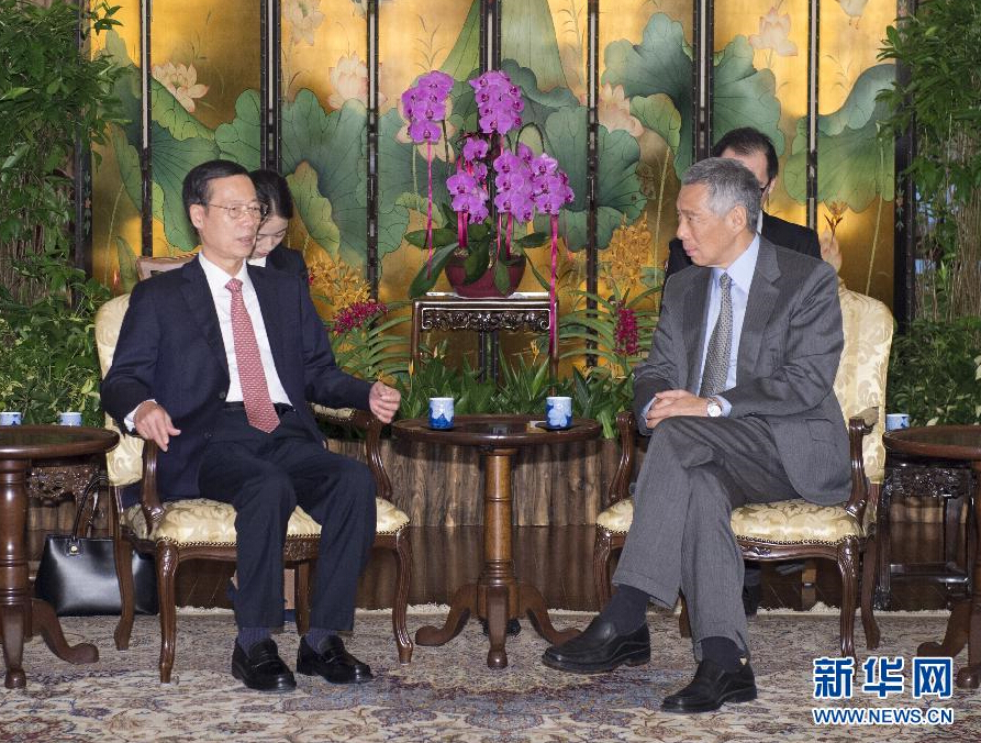 10月13日，中共中央政治局常委、国务院副总理张高丽在新加坡会见新加坡总理李显龙。 新华社记者王晔摄