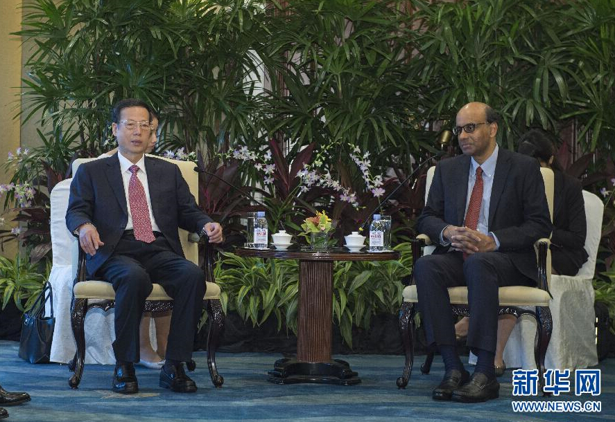 10月14日，中共中央政治局常委、国务院副总理张高丽在新加坡会见新加坡副总理尚达曼。 新华社记者 王晔 摄