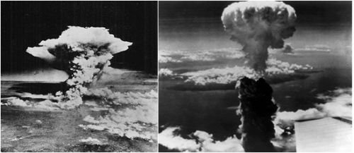 图2： 图左部为广岛核爆产生的蘑菇云，图右部为长崎核爆蘑菇云。