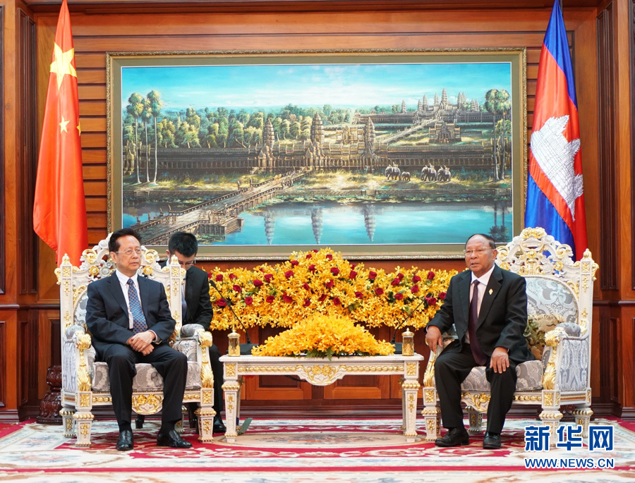 3月31日，正在柬埔寨访问的全国人大常委会副委员长陈昌智（左）在金边同柬埔寨国会主席韩桑林举行会谈。 新华社记者张艳芳摄