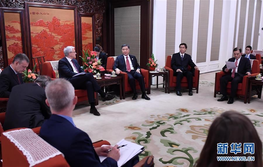 5月14日，国务院副总理汪洋在北京会见来华出席“一带一路”国际合作高峰论坛的比利时副首相兼就业、经济和外贸大臣皮特斯。 新华社记者张铎 摄 