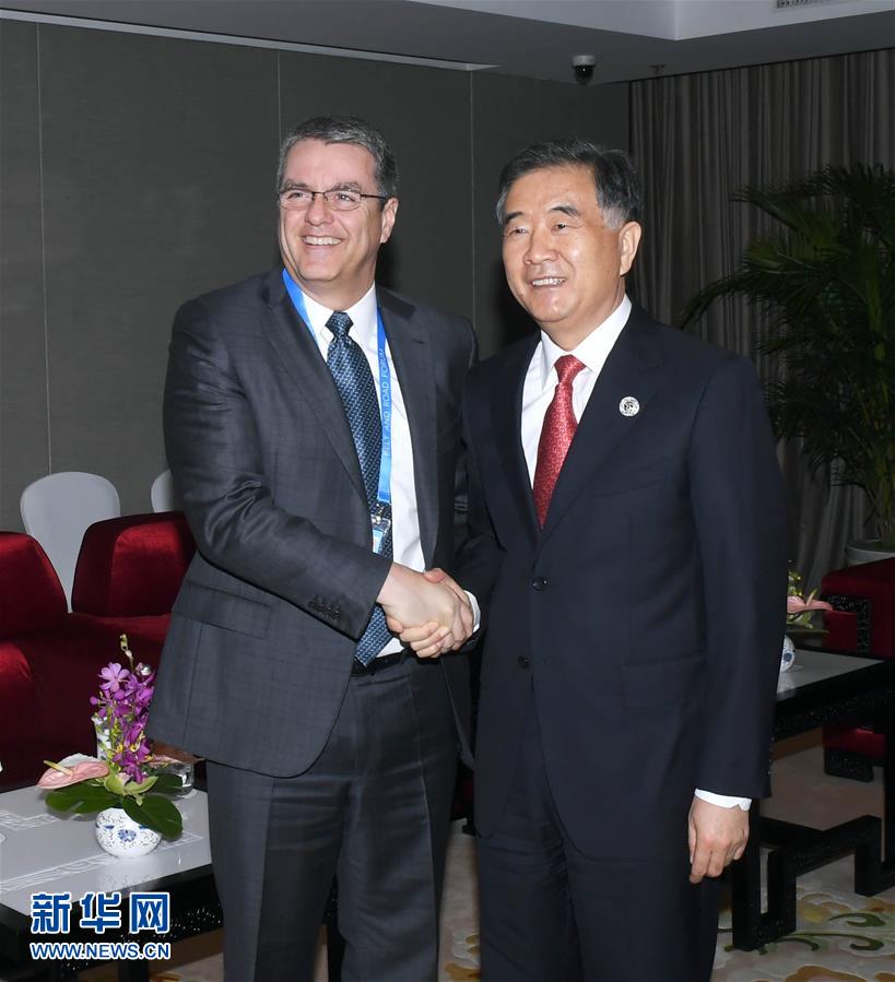5月14日，国务院副总理汪洋在北京会见来华出席“一带一路”国际合作高峰论坛的世贸组织总干事阿泽维多。 新华社记者 张铎 摄 