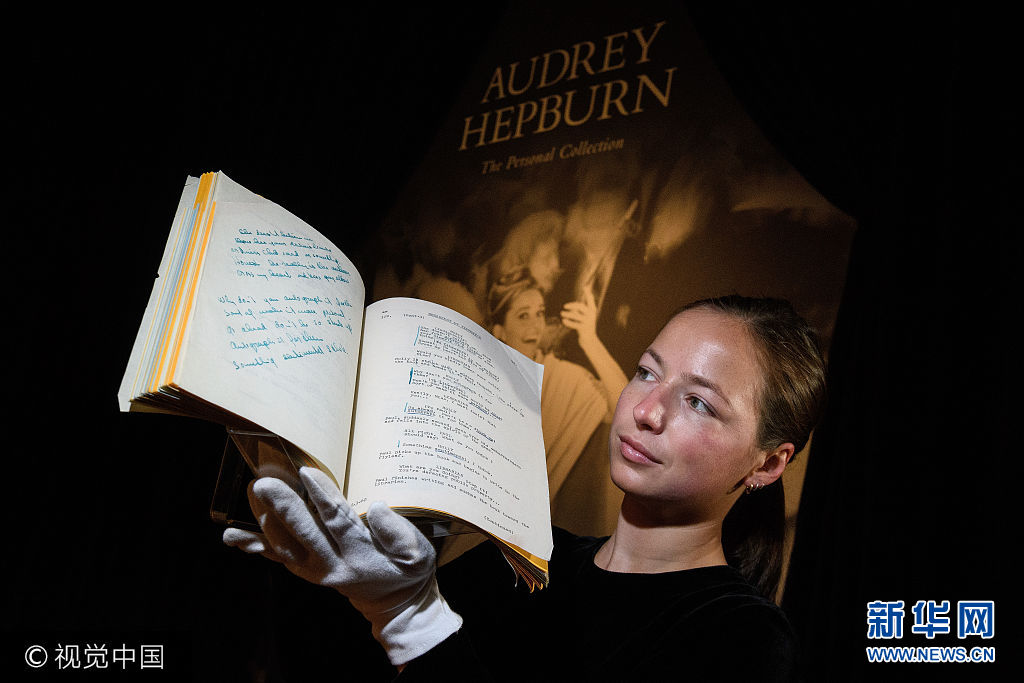 ***_***LONDON, ENGLAND - SEPTEMBER 22:  A gallery assistant poses with the working script for the film 'Breakfast at Tiffanys' (reserve price £60,000-90,000) during a preview of items from the sale of actrees Audrey Hepburn's personal collection at Christies on September 22, 2017 in London, England.  The sale sees over 500 lots from the actresses career and personal life being sold at auction.  (Photo by Leon Neal/Getty Images)